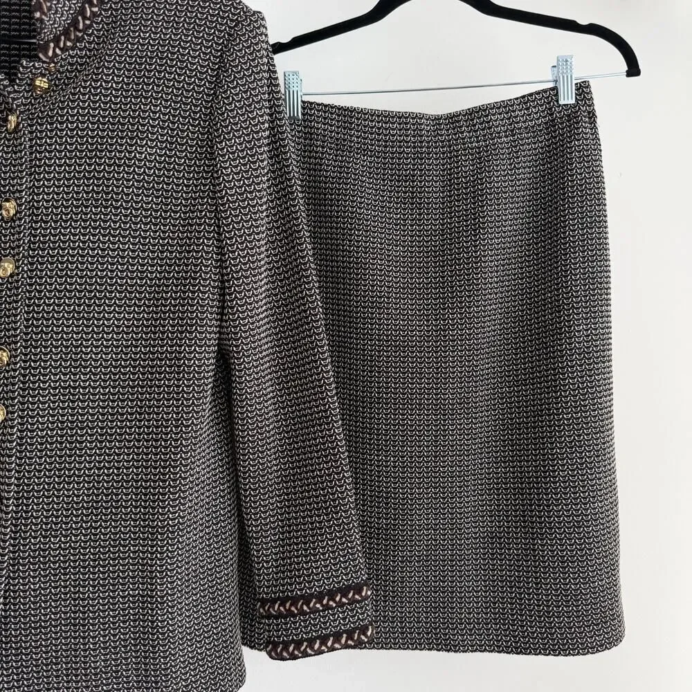 St John Skirt Jacket‎ Suit 4 and 6 Brown Textured Knit Career Elegant Military